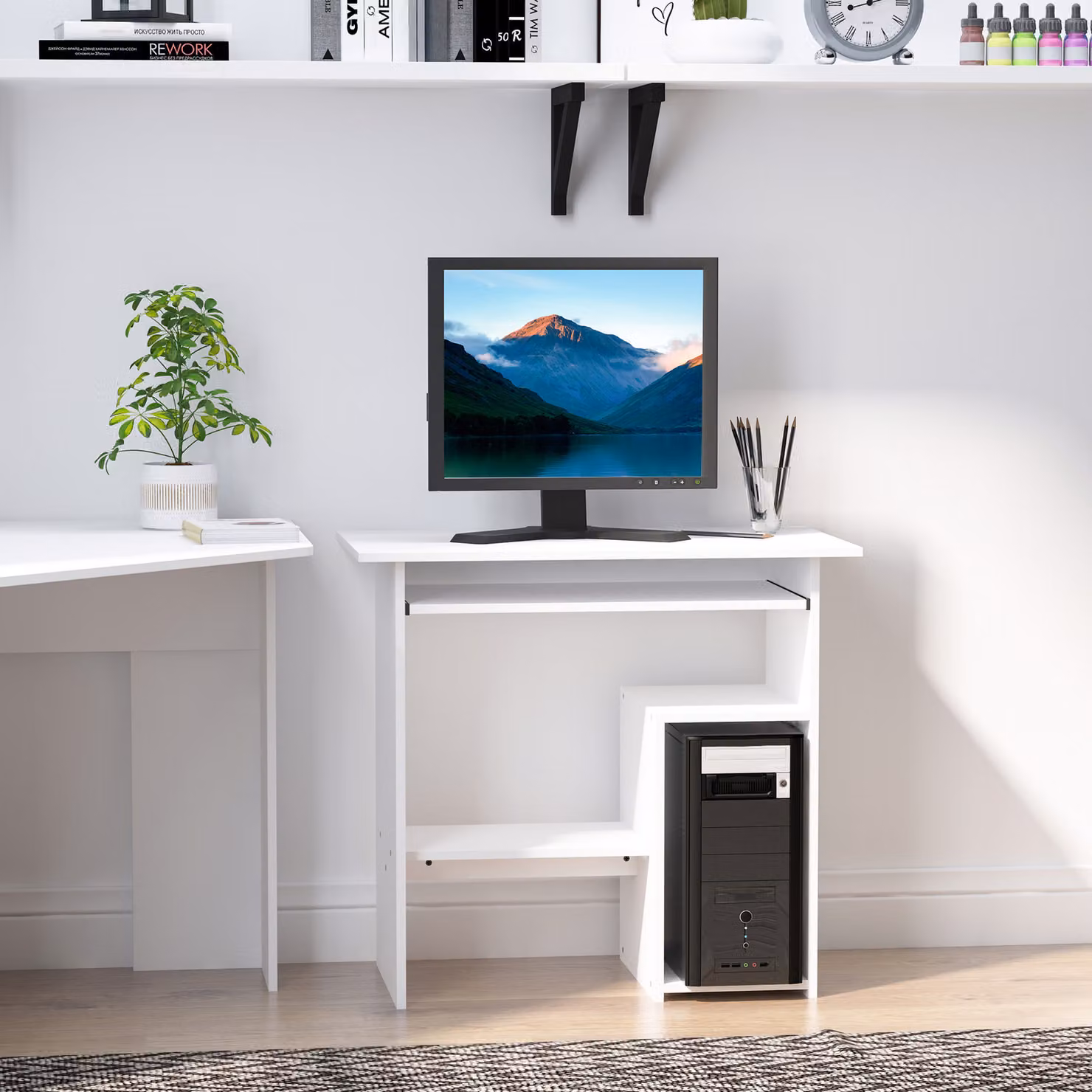 Scrivania Moderna Salvaspazio HOMCOM con Ripiano per CPU e Mensola Tastiera Estraibile in Legno, Bianco, L: 80 cm, P: 45 cm, H: 75 cm – 2