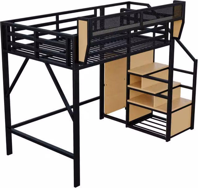 Letto a soppalco 140x200 cm con scaletta di sicurezza e ripiano modulabile, struttura in metallo nero
