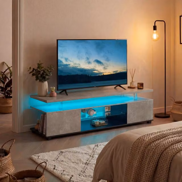 Mobile porta TV con striscia LED multicolore in legno ingegnerizzato grigio e nero