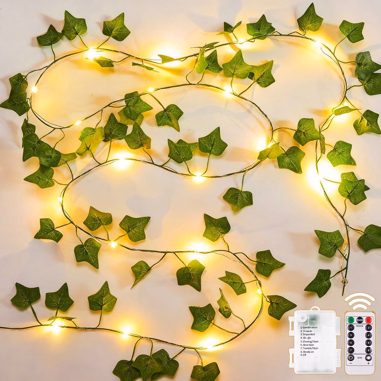 Catena luminosa a LED a forma di edera, lunga 10 metri, con 100 luci e telecomando, con 8 modalità
