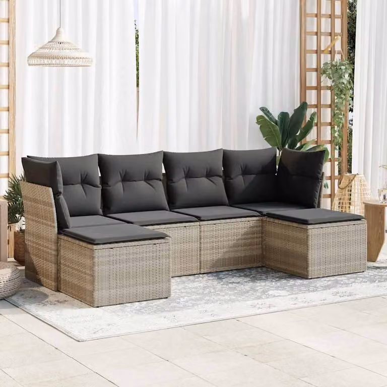 Set Divano da Giardino vidaXL 6pz in Polyrattan Grigio con Cuscini Imbottiti e Coperture Rimovibili