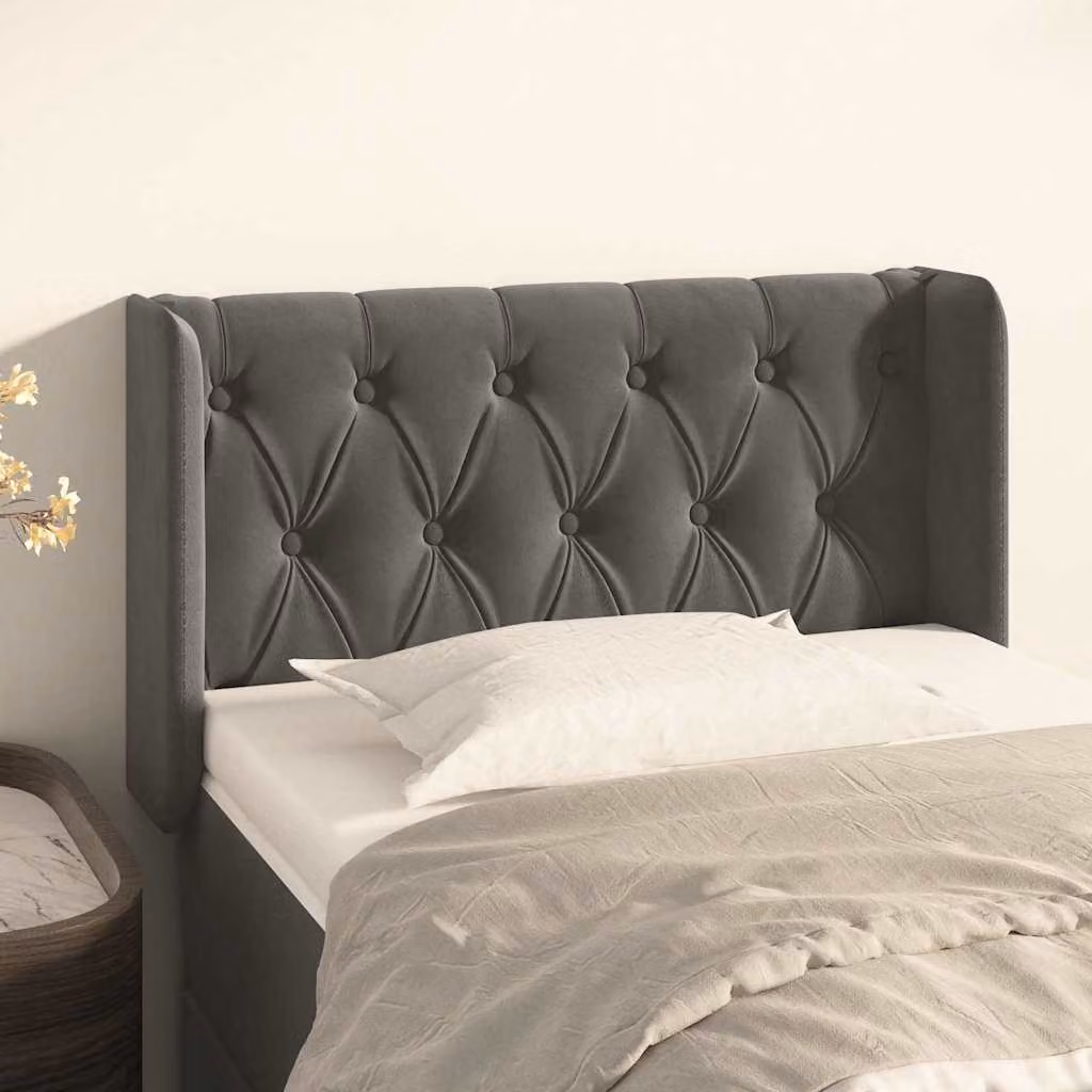 Testiera ad orecchio vidaXL in velluto grigio scuro con struttura in legno L: 83 cm, P: 16 cm, H: 78-88 cm