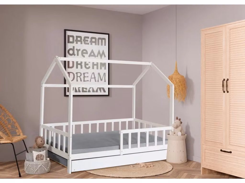Letto a capanna per bambini Paloma in legno di pino con cassetto, Bianco, L/P/H: 190 x 90 x 197,5 cm – 2