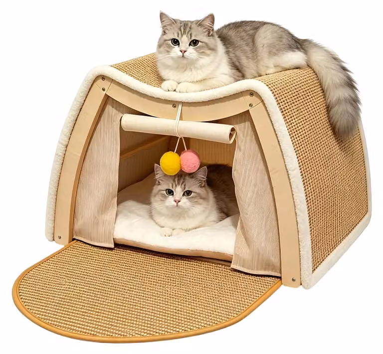 Cuccia per gatti 3-in-1 con tiragraffi e giocattoli