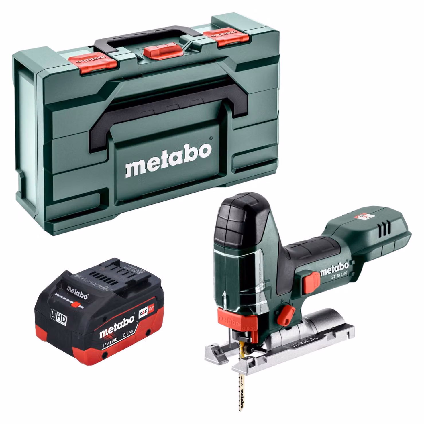 Seghetto alternativo a batteria Metabo ST 18 L 90 18 V 90 mm + 1 batteria LiHD da 5,5 Ah + Metabox - senza caricabatterie
