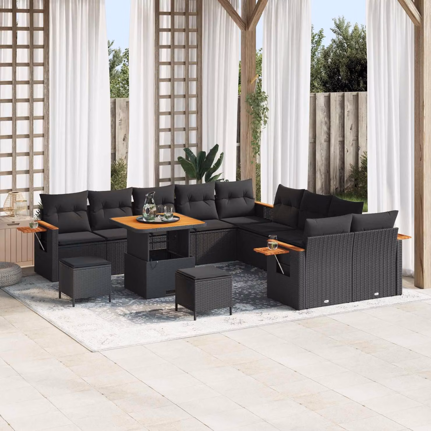 Set Divano da Giardino vidaXL a forma a U con 17 pezzi, Nero, in Polyrattan con Cuscini e Tavolino da Caffè – 1