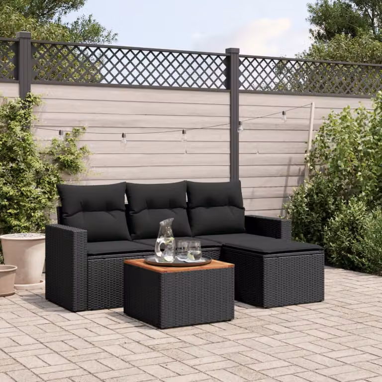 Set Divani da Giardino vidaXL 5 pz in Polyrattan Nero con Cuscini e Tavolino da Caffè