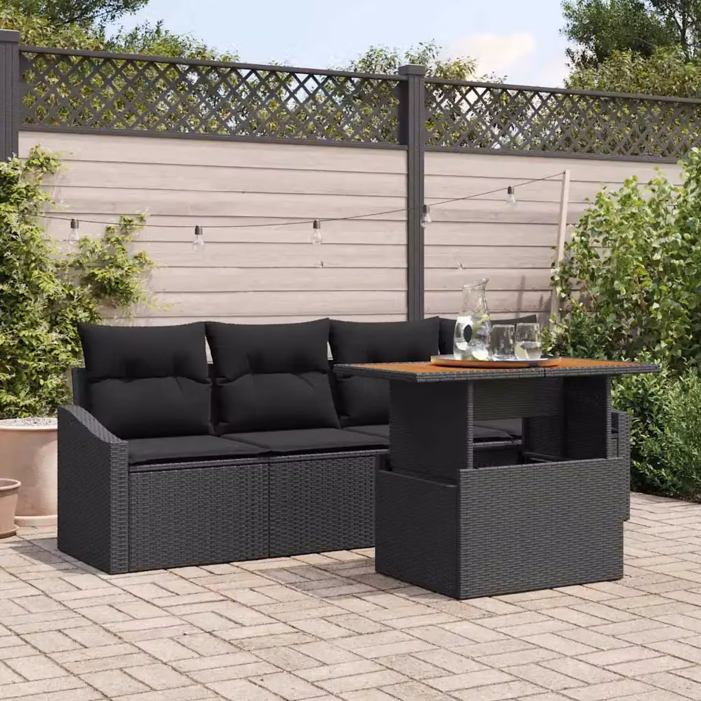 Set Divano da Giardino a L vidaXL in Rattan Nero con Cuscini e Tavolino da Esterno – 1