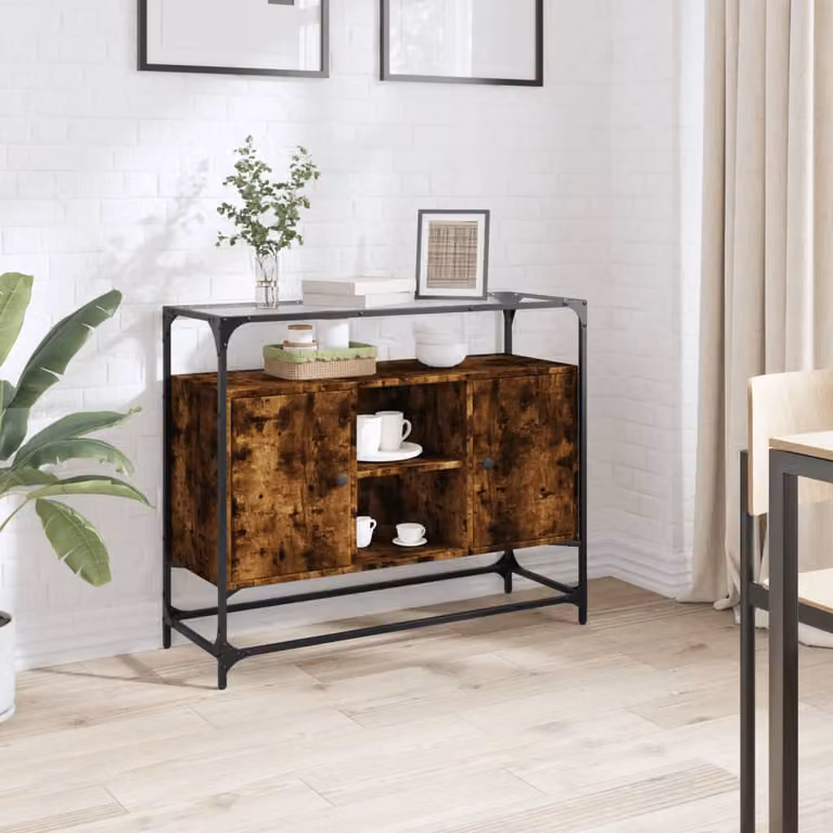 Credenza vidaXL in legno multistrato e vetro con piano in rovere fumo e dettagli in metallo, colore marrone, L 98 x P 35 x H 81 cm
