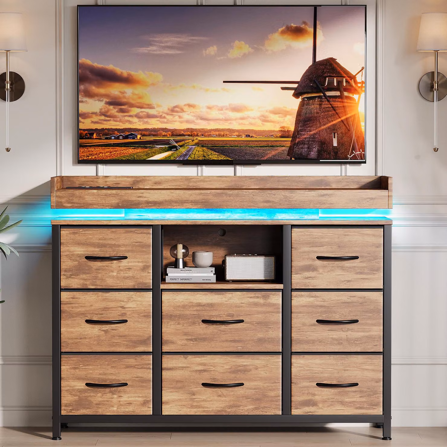 Comodino Moonbite con 8 cassetti, altezza 108 cm, rivestito in tessuto, con illuminazione LED multicolore, prese USB e prese di corrente, motivo tigre