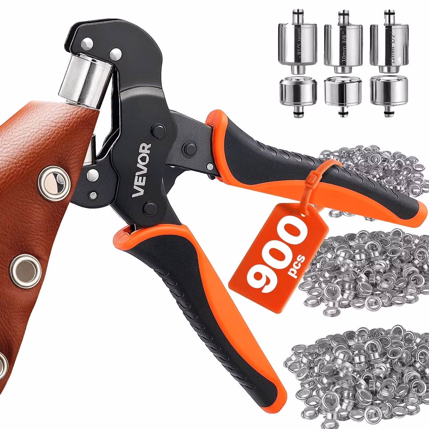 VEVOR Kit 900 Pezzi di Pinza e Accessori per Occhielli da 8/10/12 mm, Attrezzi con Occhielli e Rondelle, per Pressare Manualmente Punzoni Blocchi, per Pelle Teloni Scarpe Borse Artigianato Tessuto