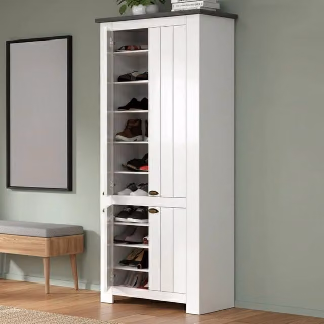 Scarpiera Shirley DMORA, Armadio multifunzione da ingresso a 4 ante, Bianco e Grigio, L: 84 cm, P: 42 cm, H: 200 cm
