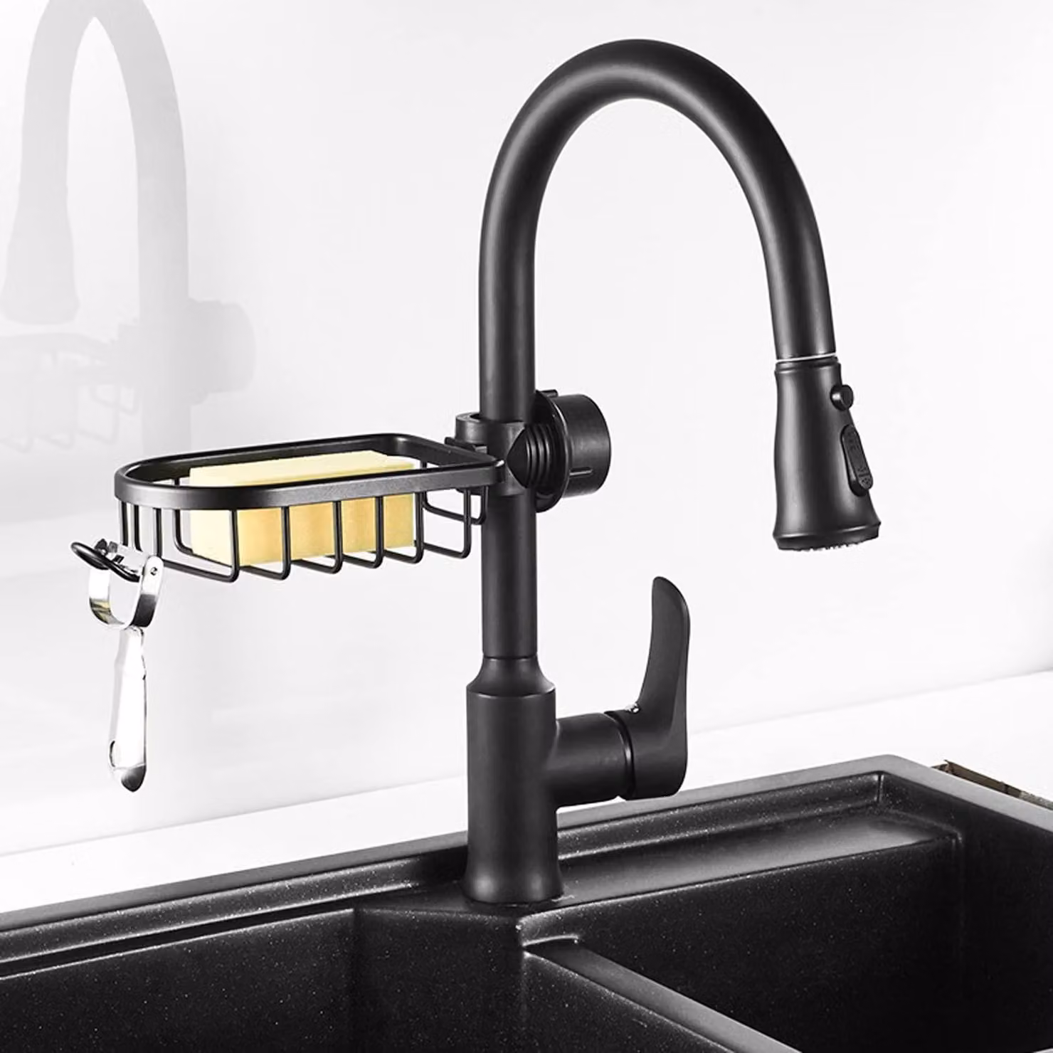 Rubinetto da cucina estraibile con portaspugna, colore nero