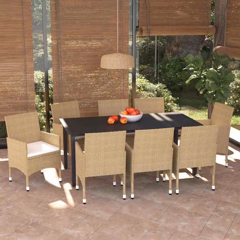 Set Pranzo da Giardino vidaXL in Polyrattan Beige con 9 Pezzi e Cuscini