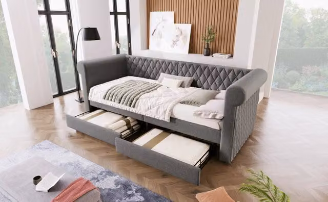 Divano-letto in lino grigio 90x200 cm con testiera vintage imbottita e 2 cassetti contenitore, struttura con rete a doghe in legno, senza materasso