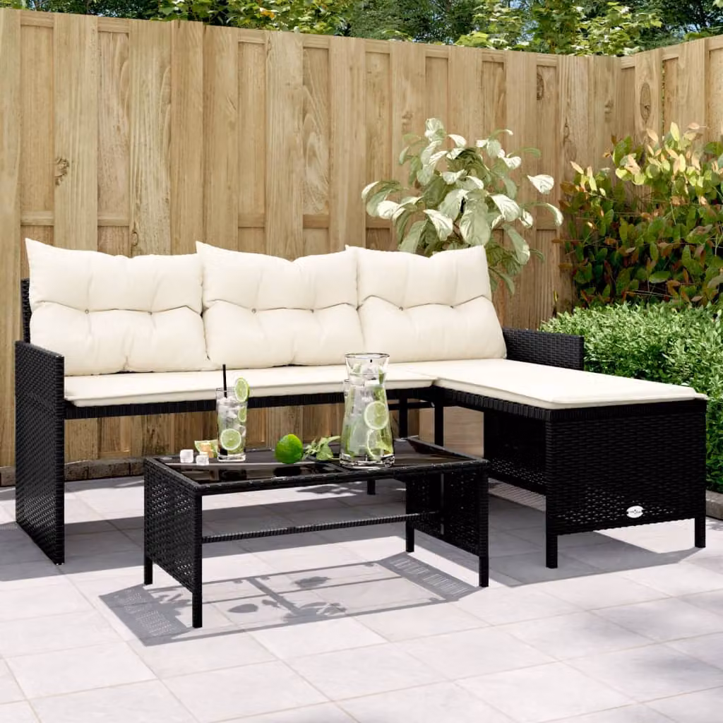 Set da giardino vidaXL a forma di L con divano a 3 posti, tavolino da caffè e cuscini, struttura in metallo nero e rattan, L/P/H: 170 x 120 x 72,5 cm