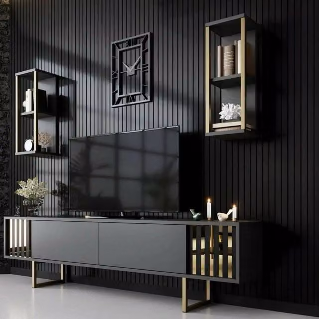 Mobile porta TV Artinay DMORA, Credenza moderna per soggiorno in metallo, Antracite e Oro, L: 180 cm, P: 30 cm, H: 48 cm