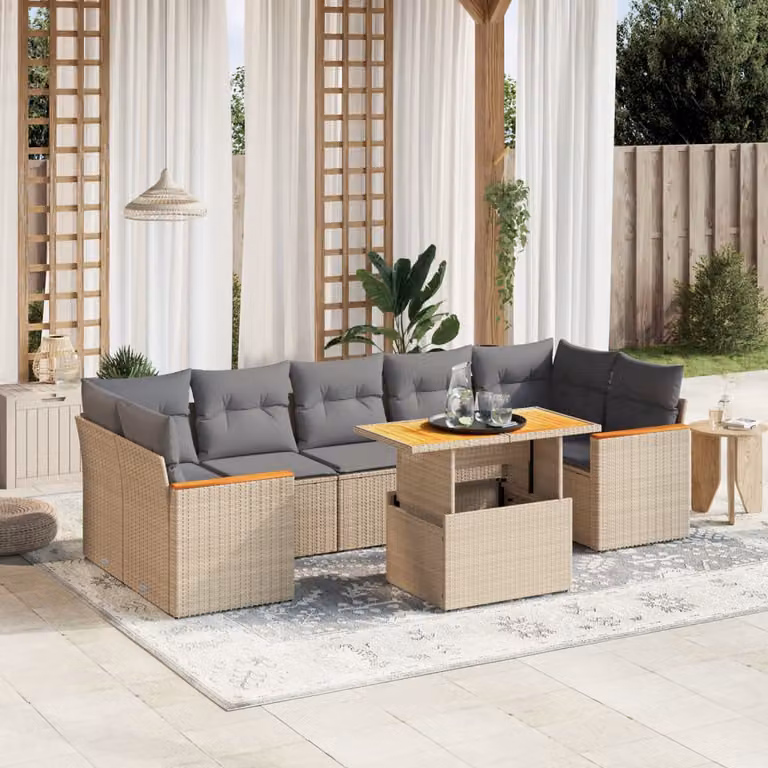 vidaXL Set Divano da Giardino 8 pz con Cuscini Beige e Grigio in Polyrattan e Legno di Acacia