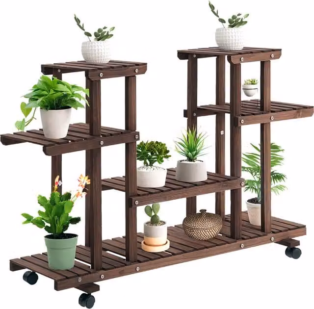 Scaffale Portafiori Outsunny in Legno Marrone a 4 Livelli con Ruote per Interno ed Esterno L: 123,5 cm, P: 33 cm, H: 80 cm