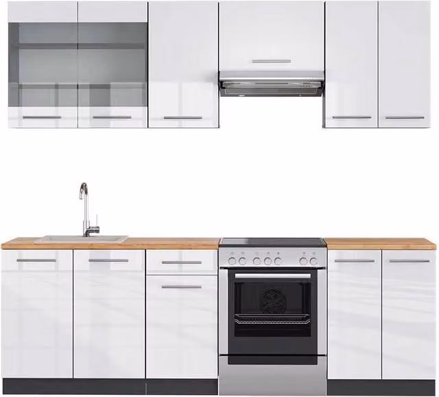 Cucina componibile moderna Vicco Fame-Line Bianco lucido e Antracite con dettagli Rovere, L: 240 cm