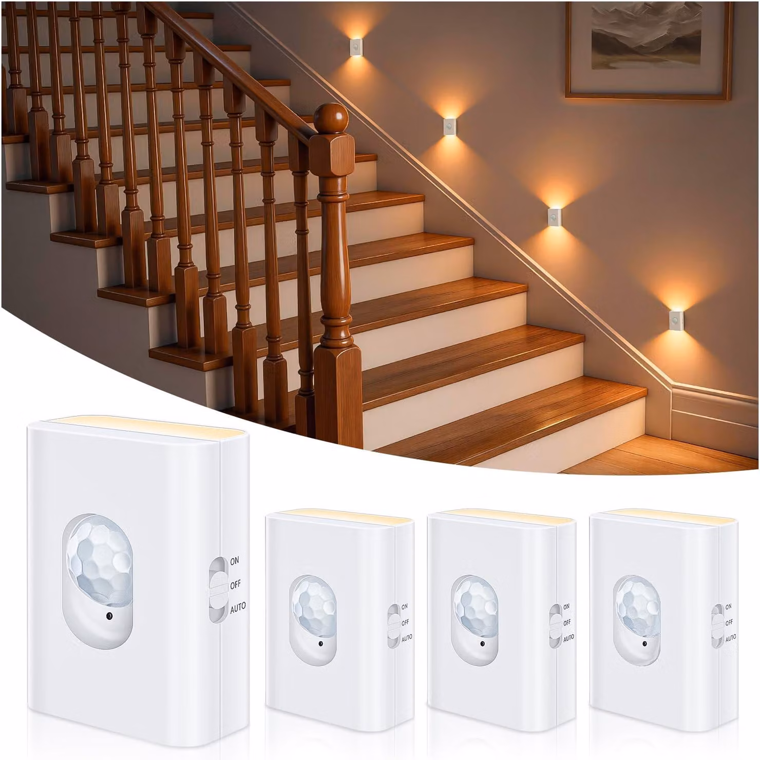 Lampada notturna a LED con sensore di movimento, illuminazione per scale ricaricabile, luce bianca calda da 2700K (confezione da 4 pezzi)