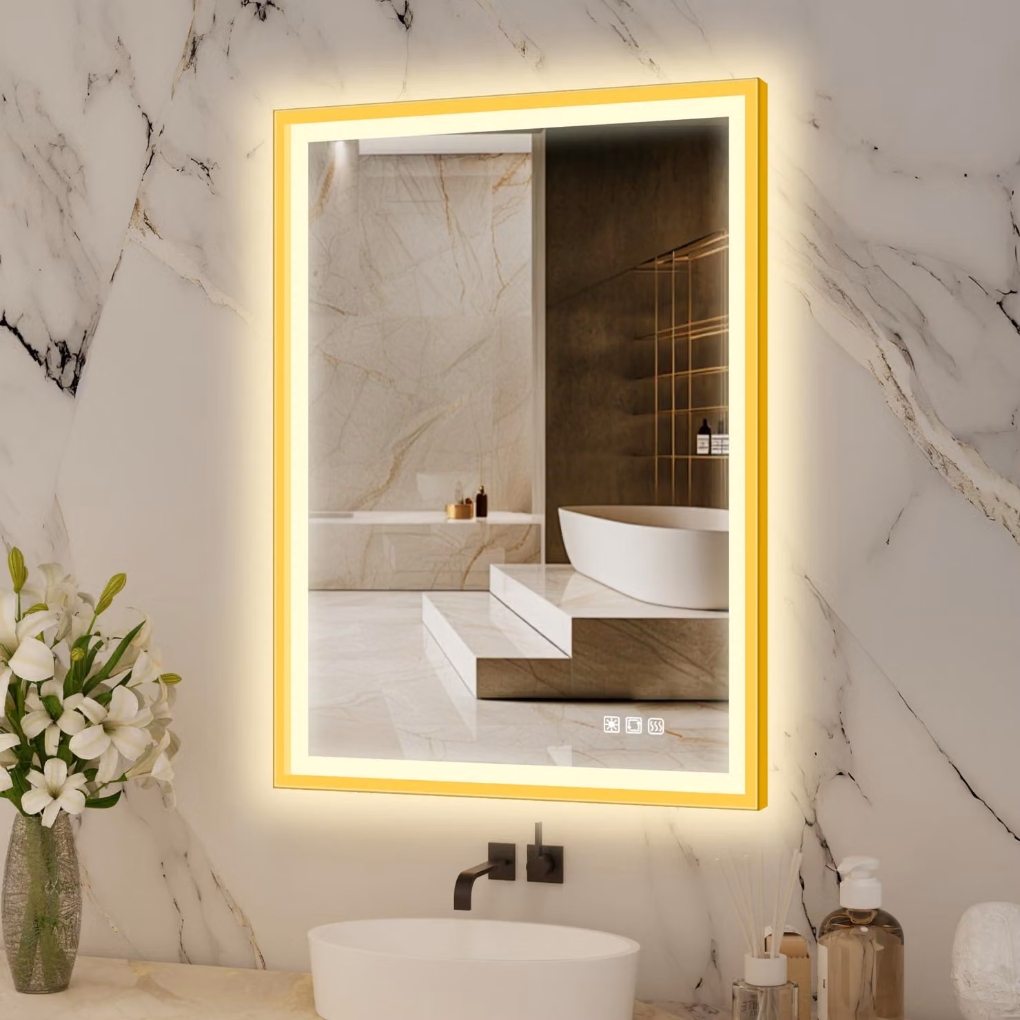Specchio da bagno a LED, rettangolare, 700x500 mm, color oro, con funzione di regolazione dell'intensità luminosa e antigoccia