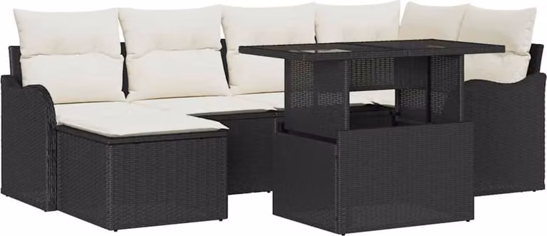Set Divano da Giardino con cuscino 7 pcs Nero Poly Rattan