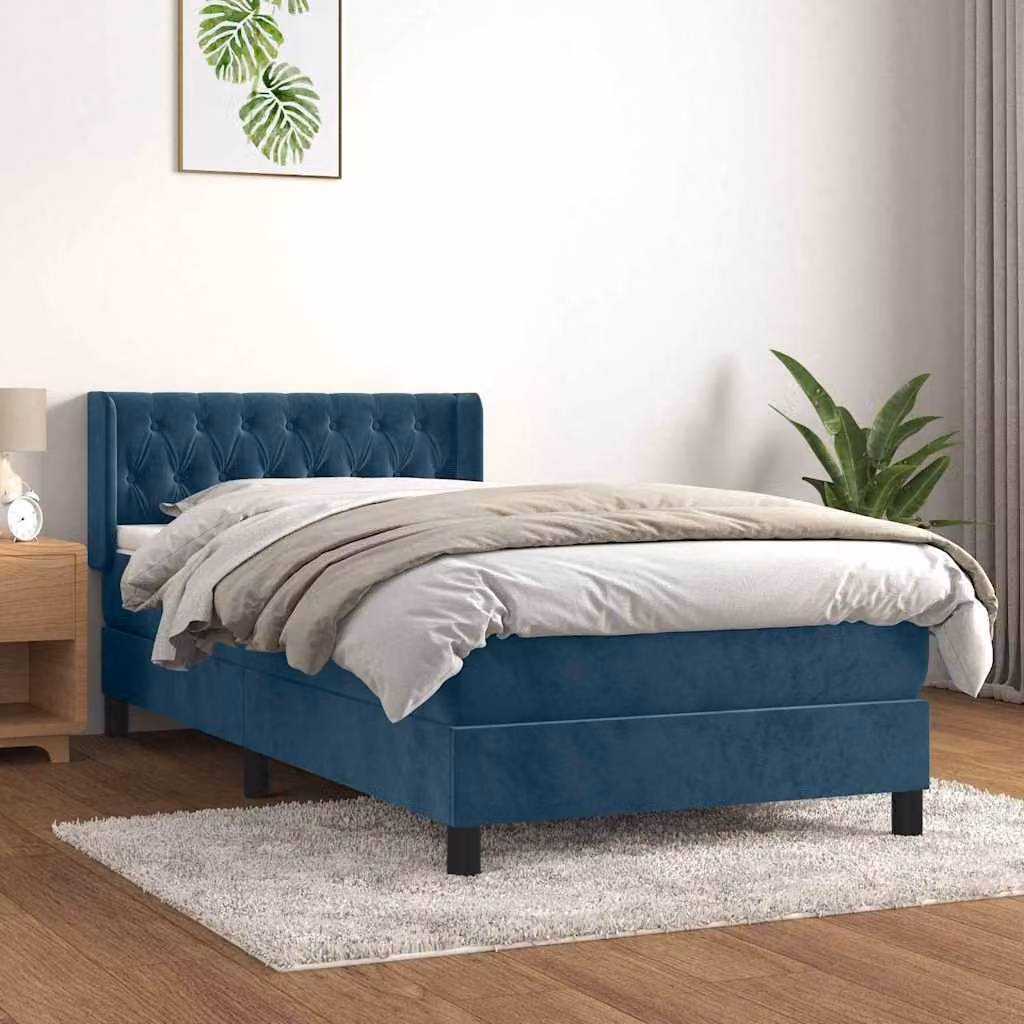 vidaXL Giroletto a Molle con Materasso in Velluto Blu Scuro L/P: 100 x 200 cm