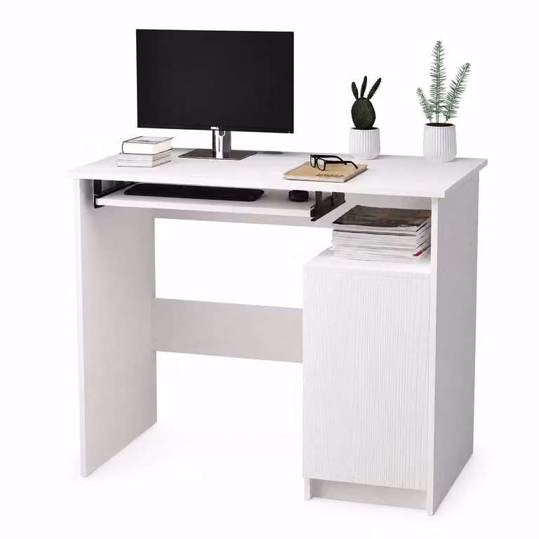 Moderna scrivania da computer bianca in stile loft con ripiano per tastiera