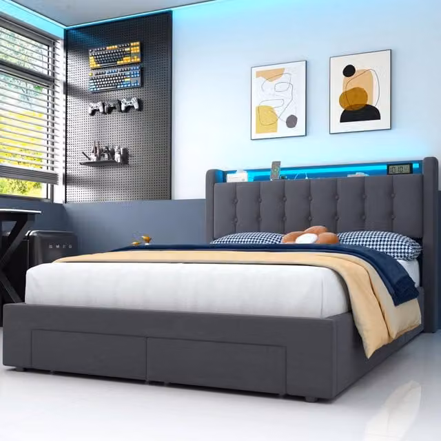 Letto a contenitore 140x200 cm con testiera capitonnata; nicchia LED; USB e cassetti laterali in velluto grigio scuro