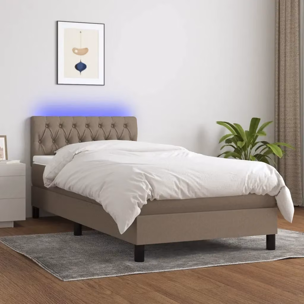 Letto singolo moderno con materasso ibrido e illuminazione LED con porta USB in tessuto tortora L/P/H: 190 x 90 x 78 cm – 2