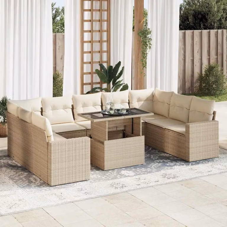 Set Divano da Giardino vidaXL 10 Pezzi a Forma di L con Cuscini Beige e Tavolino in Polyrattan e Metallo