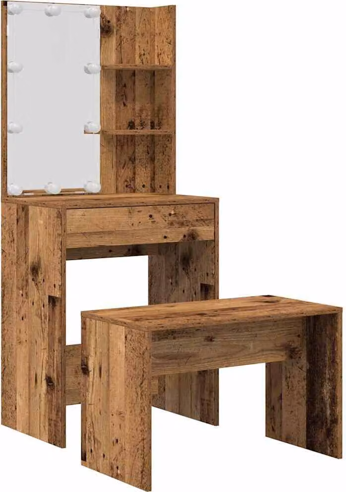 Set Tavolo da Toeletta con LED Legno Antico Legno Multistrato