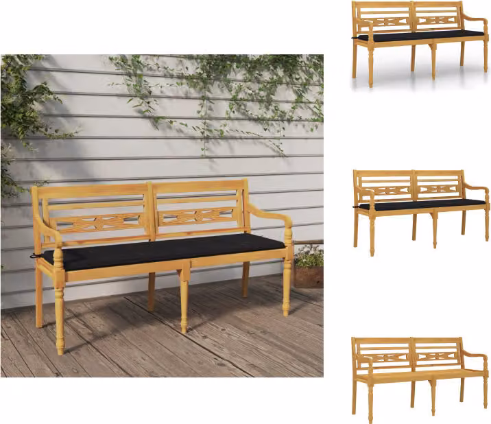 vidaXL Panca Batavia con cuscino nero 150 cm in teak massiccio - Panche da giardino