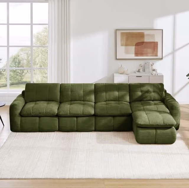 Divano angolare modulare 4 posti 334x160 cm con pouf in ciniglia; verde