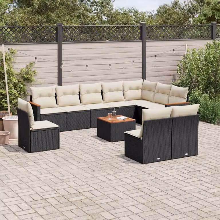 vidaXL Set Divani da Giardino 11 pz a Forma a U in Polyrattan Nero con Cuscini e Tavolino da Caffè