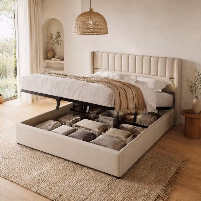 Letto contenitore matrimoniale imbottito 140x200 cm con base idraulica e doghe in legno, struttura metallica, rivestimento in lino beige