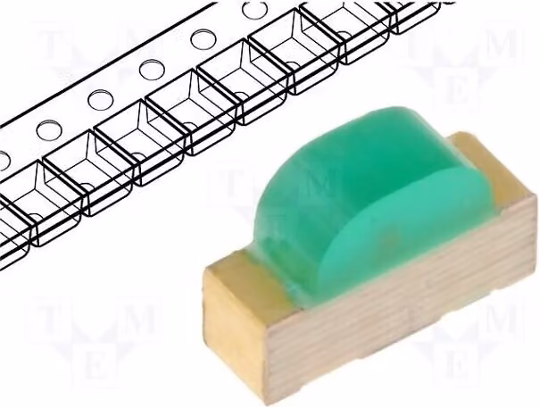 5 LED SMD verdi, modello 1104, angolo di emissione 120°, intensità luminosa 18÷60 mcd, tensione di alimentazione 2,1÷2,5 V, dimensioni 3x2x1 mm, corrente di funzionamento 20 mA, codice prodotto KPA-3010CGCK. Diodi LED