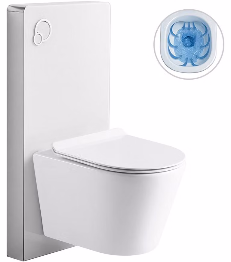 Set completo per WC Modul/Carlito - bianco lucido - pulsante integrato - modulo pneumatico - 48,5x36,5 cm