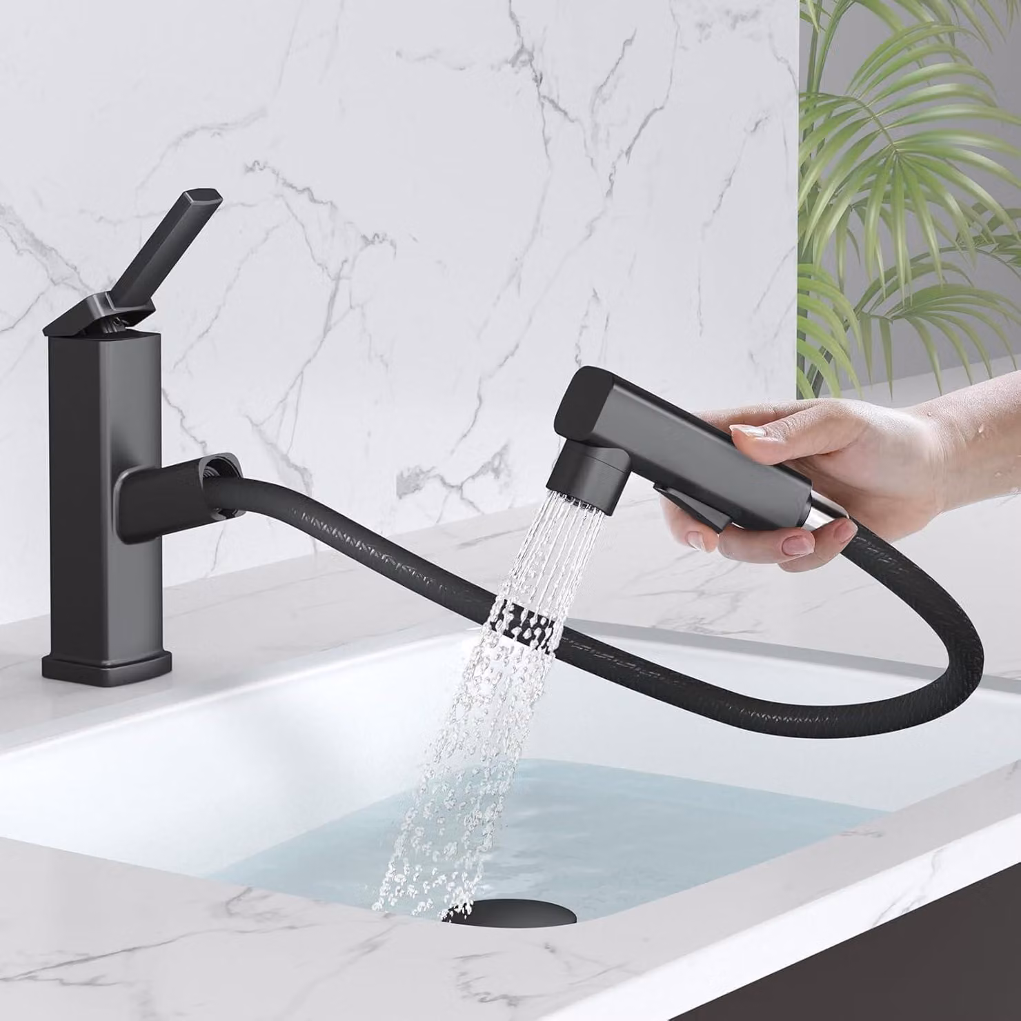 Rubinetto da bagno estraibile, monocomando, finitura nera opaca, con 3 modalità di spruzzo e erogatore estraibile