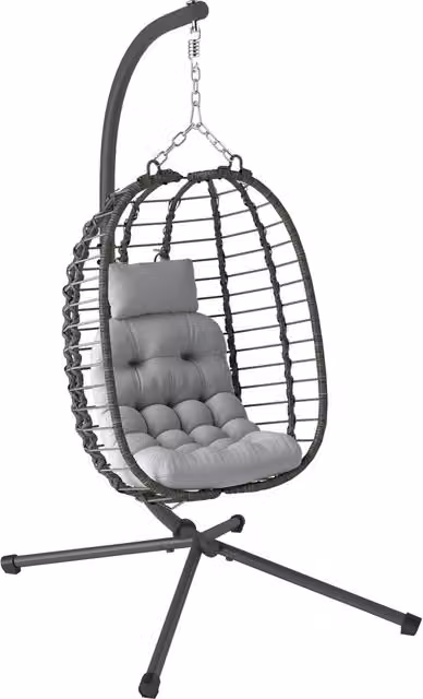 Poltrona sospesa pieghevole in rattan sintetico con supporto e cuscini, grigio