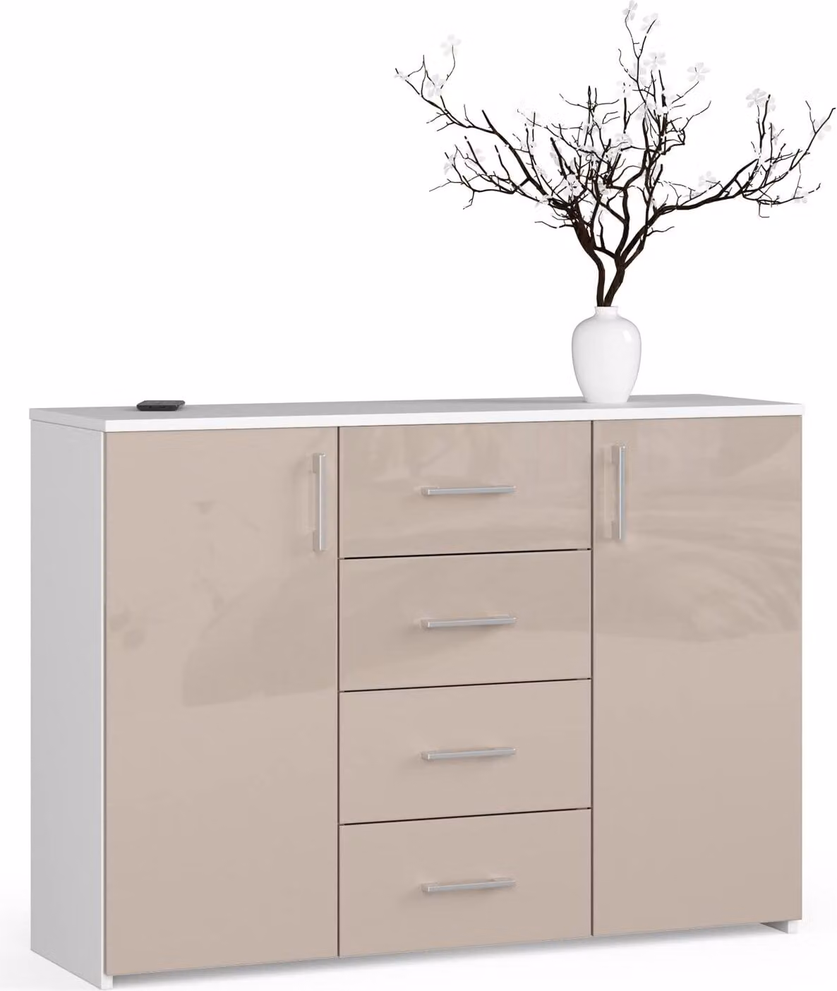 BDW Cassettiera lucida, 4 cassetti, 2 ante, 110x80 cm, bianco-cappuccino
