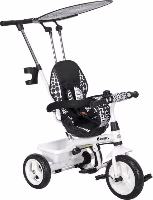 Triciclo per bambini HOMCOM con maniglione di spinta, tettuccio, barra di sicurezza e box, Bianco e Nero, L: 105 cm, P: 47 cm, H: 89 cm