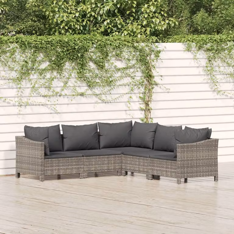 The Living Store Set da giardino 5 pezzi con cuscini in poly rattan grigio