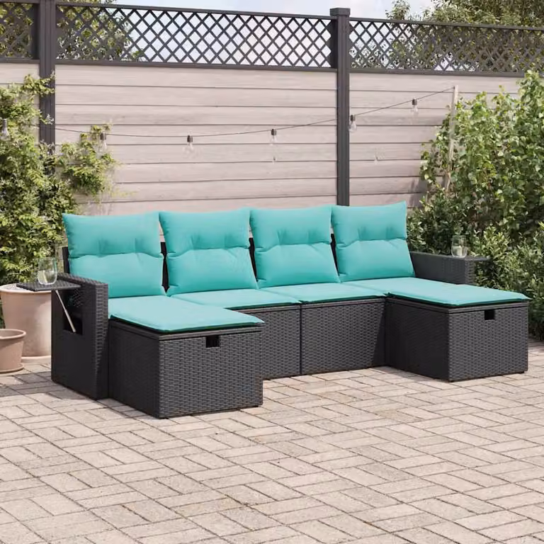 Set Divano da Giardino a L vidaXL in Polyrattan Nero con 6 Cuscini Imbottiti e Struttura in Acciaio