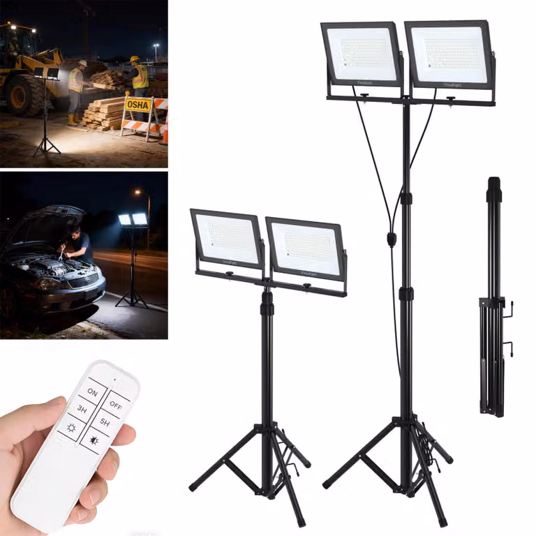 VA-Cerulean, faretto LED da 2x100W per cantieri, con stativo regolabile in altezza, dimmerabile, grado di protezione IP66, dotato di telecomando e cavo da 3 metri con spina europea, ideale per cantieri