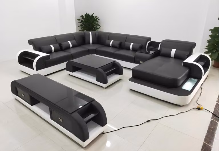 Ecksofa Polster Ecksofa U-Form Couchtisch Sideboard Ledersofa Wohnlandschaft