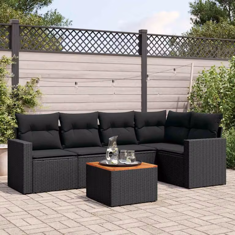 Set Divano da Giardino a L vidaXL in Polyrattan Nero con Cuscini e Tavolino da Esterno