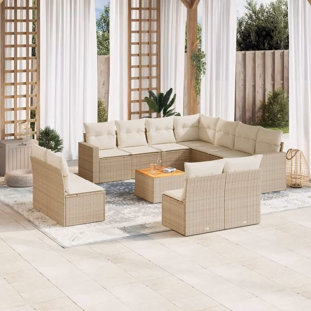vidaXL Set Divani da Giardino 12 pz a Forma a U in Polyrattan con Cuscini Beige e Tavolino da Caffè – 1