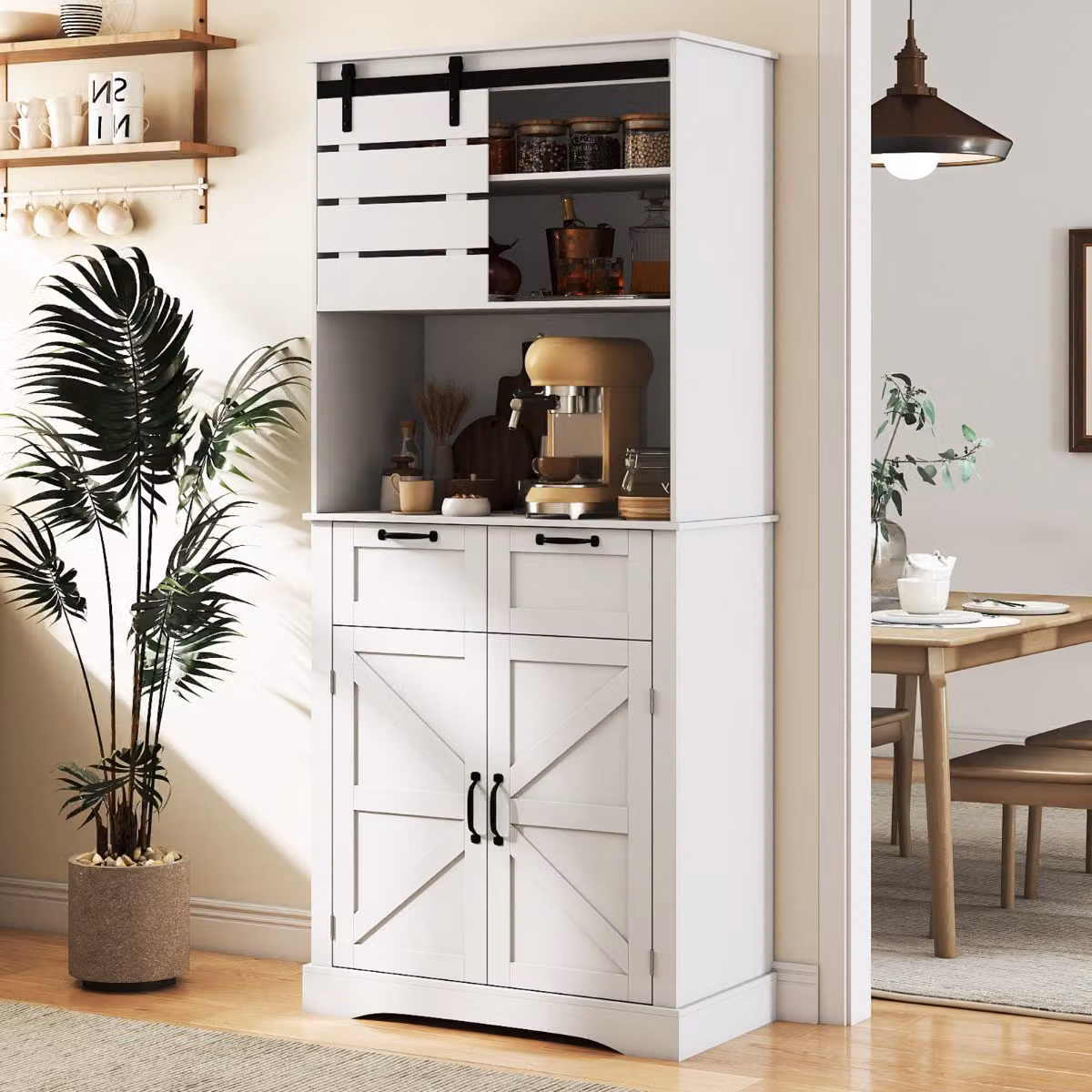 Costway Mobile dispensa da cucina bianco con ante e presa di corrente, armadio alto moderno con ripiani interni e supporto per microonde